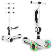 Skyhot Kids Scooter with LED Lighted Wheels, 3 Adjustable Height Handlebars and Foldable Seat - Sit or Stand Ride, Lean-to-Steer \u0026 Widen Anti-Slip Deck, Scooters for Kids 3-12, Black